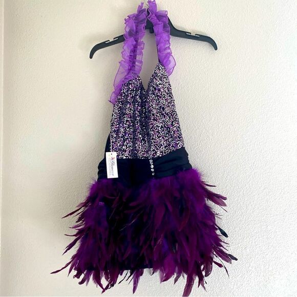Glamour dance costume purple velvet sequin feather sassy 187 adult small SA -NEW - Picture 2 of 12